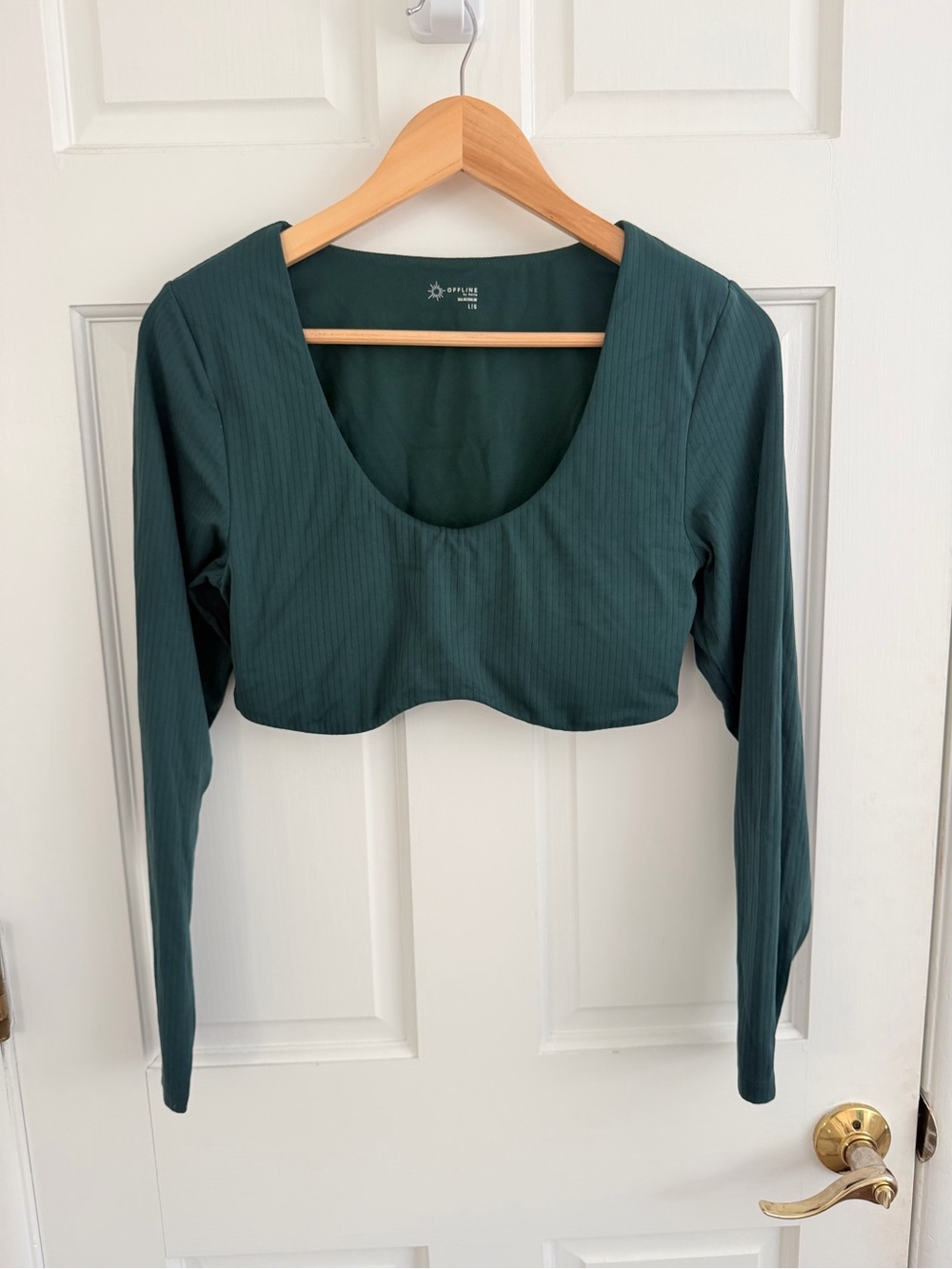 Deep Green Ribbed Scoop-Neck Long Sleeve Crop Top
